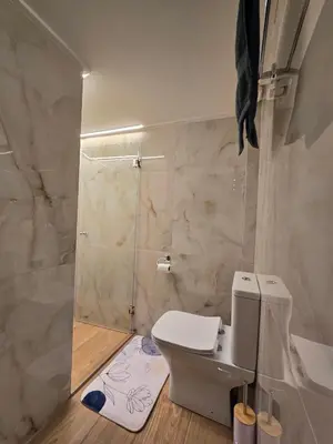 a bathroom with a shower and a toilet and a sink at Dream Home Apartment by Metro in Athens