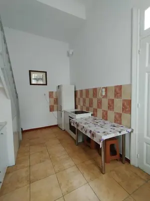 a kitchen with a table and a stove in it at Remoundou 18 rental room in Athens
