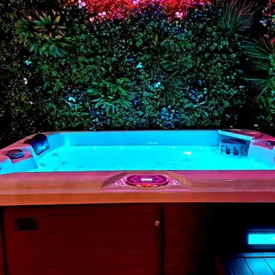 a bath tub in front of a green bush at The Dream Suite in Piraeus