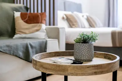 a living room with a table with a plant on it at Avia Deluxe Studio - Athens Modern Escape in Athens