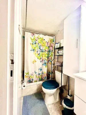 a bathroom with a toilet with a shower curtain at Couple Nest in Athens