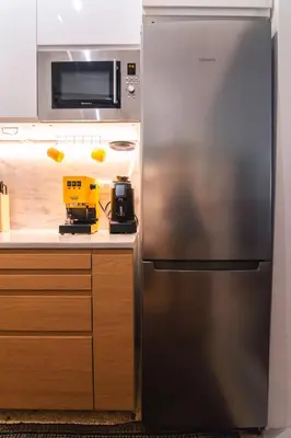 a kitchen with a stainless steel refrigerator and a microwave at Spacious Apartment in Lycabettus Hill in Athens
