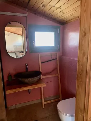 a bathroom with a sink and a mirror and a toilet at Ersi's View in Porto Rafti