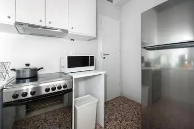 a kitchen with a stove and a microwave at The Athenian Veranda in Athens