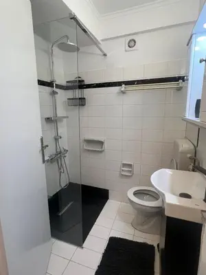 a bathroom with a shower and a toilet and a sink at Artistic & cozy ! Just 5' to seaside in Athens