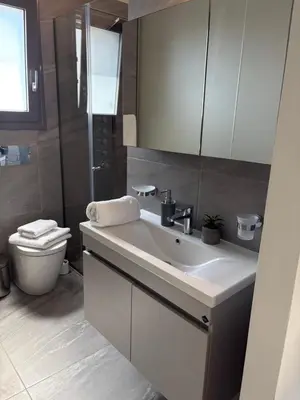 a bathroom with a white sink and a toilet at Kallitheas Maison with Shared Pool in Athens