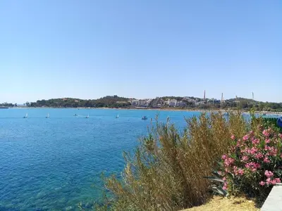 a view of a large body of water with flowers at 2BD apartment with large balcony near the sea!! in Athens