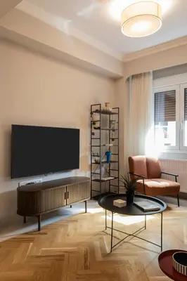 a living room with a large flat screen tv at Immaculate Modern Kypseli Apt - Next to Kanari Sq in Athens
