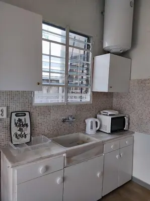 a kitchen with a sink and a microwave at Onix 4 in Athens