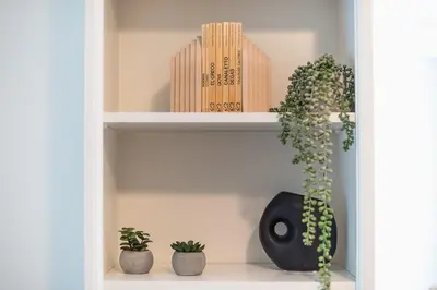a book shelf with three plants and a vase at Lycabettus View Top Floor 2BdApt in Athens