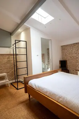 a bedroom with a bed and a skylight at Athenian Cypress House in Athens