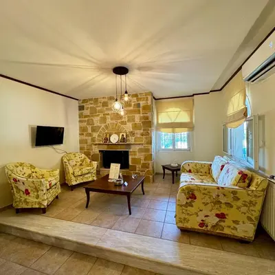 a living room with two couches and a fireplace at Betty's House in Porto Rafti