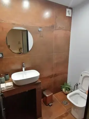 a bathroom with a sink and a toilet and a mirror at Olive apartment in Paianía