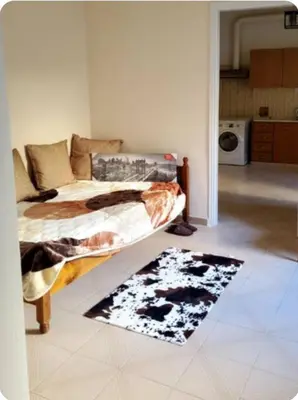 a bedroom with a bed and a rug on the floor at Home away from home - 3BR - 14' walk to port in Piraeus