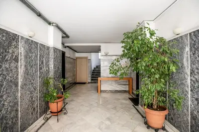 a hallway with potted plants and a table at Selesta - Stylish 2 Bedroom Apartment in Athens in Athens