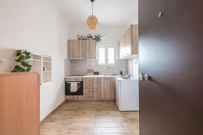 a kitchen with wooden cabinets and a white refrigerator at Ble Elia Flat for two in Athens in Athens