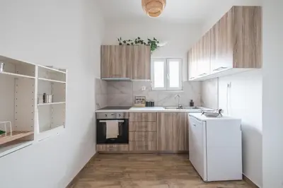 a kitchen with wooden cabinets and a white refrigerator at Ble Elia Flat for two in Athens in Athens