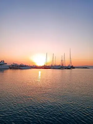 a group of boats in a marina at sunset at Glyfada Sea Breeze Loft A in Athens