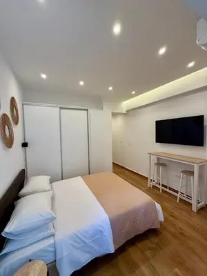 a bedroom with a bed and a desk and a television at Pagrati Cozy Lux Studio-Chremonidou street in Athens