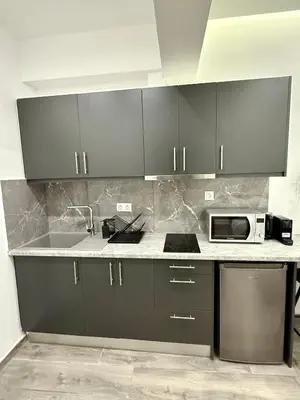 a kitchen with gray cabinets and a sink and a microwave at Pagrati Luxury Gray Studio-Chremonidou street in Athens