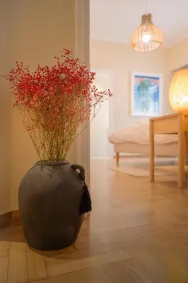 a black vase with red flowers in a living room at Acropolis Luxe Stay in Athens