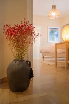 a black vase with red flowers in a living room at Acropolis Luxe Stay in Athens