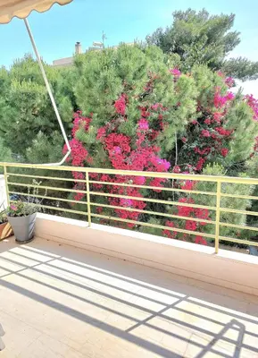 a balcony with pink flowers on a fence at Vouliagmeni Top Floor Maisonette in Athens