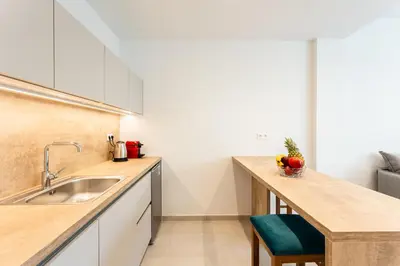 a kitchen with a sink and a counter at Grec Suites Dafni, Athens by GrecCollection in Athens