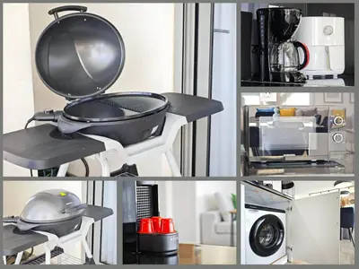 a collage of pictures of a kitchen with a pan at Costa Voula Poolside and Beach, Home Cinema in Athens