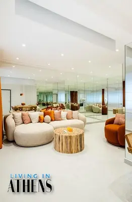 a living room with two couches and a table at Eugene's Luxury Apt 2&1 ppl 3min Walking Distance to Metro Station in Athens