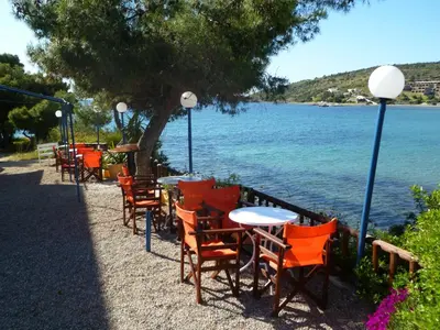 a row of tables and chairs next to the water at Liberty II in Agia Marina Aegina