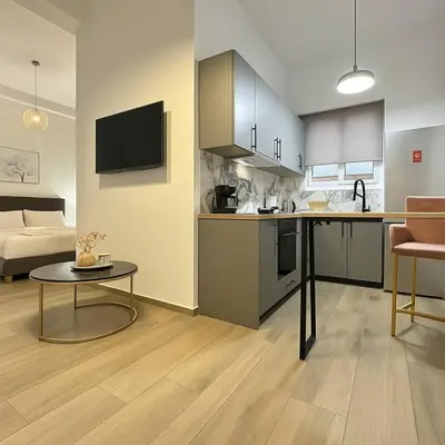 a kitchen and living room with a couch and a table at The Urban Sanctuary in the heart of Sepolia, Athens in Athens
