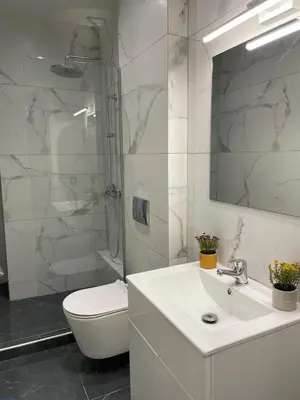 a bathroom with a toilet and a sink and a shower at Astidamantos, fantastic apartment in Pangrati in Athens