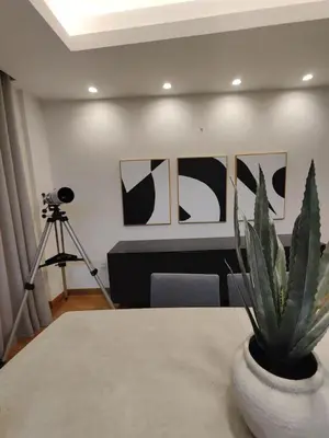 a table with a plant in a room with paintings at Monastiraki 2 Bedroom Acropolis View with Terrace in Athens