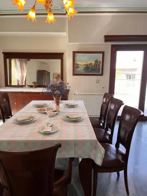 a dining room table with a checkered table cloth on it at Thiseio Villa Acropolis View in Athens
