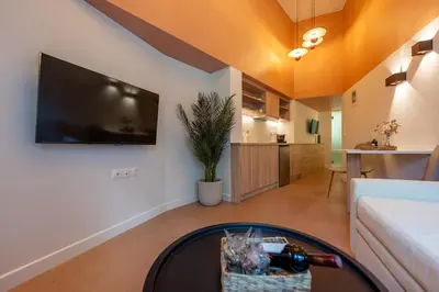 a living room with a couch and a tv on a wall at AthenianNest Sarri Boutique Studios Psyrri in Athens