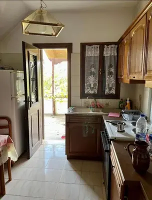 a kitchen with a refrigerator and a door to a yard at Lagonisi 1 in Kalívia Thorikoú
