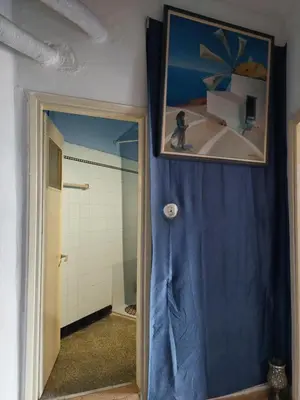 a bathroom with a blue wall with a picture on the wall at SHARED ROOMS LEPENIOTU NEAR ACROPOLIS &MONASTIRAKi in Athens