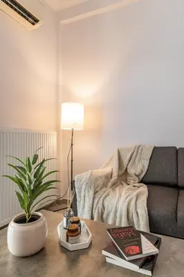 a living room with a couch and a table with a plant at Cozy Penthouse with Balcony in Athens