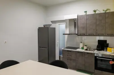 a kitchen with a refrigerator and a table with chairs at Apartment in Athens Victoria sguare in Athens