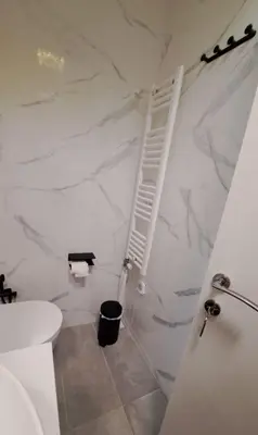 a bathroom with a toilet and a ladder on the wall at Elaine's Athens Riviera Studios in Athens