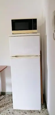 a microwave sitting on top of a refrigerator at SHARED ROOMS NEAR ACROPOLIS & MONASTIRAKi area in Athens