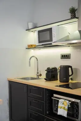a kitchen with a sink and a microwave at Acropolis Atmospheric Apartment in Athens