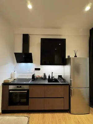 a kitchen with a stainless steel refrigerator and a sink at Downtown Modern Suite in Athens