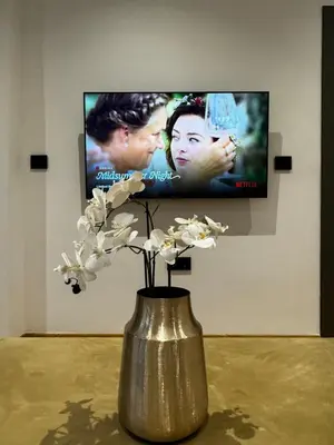 a vase with flowers in front of a tv at Downtown Modern Suite in Athens