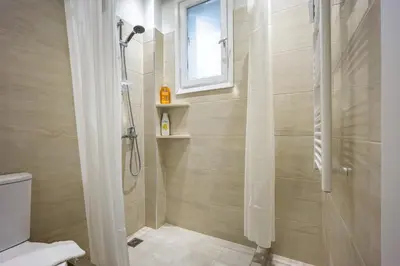 a bathroom with a shower and a toilet at Galini Acropolis Lux Apartment in Athens