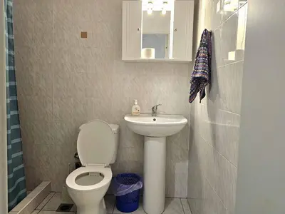 a small bathroom with a toilet and a sink at Arkadiou Apartments in Chalandri in Athens