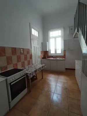 a kitchen with a stove and a table in it at Apartment Atiki metro shared bathroom and kitchen in Athens