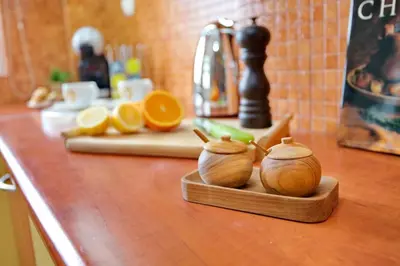 two clams on a cutting board on a kitchen counter at Blue Oliva House in Aghia Marina