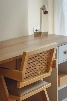 a wooden desk with a lamp on top of it at Ofi Continental - 3BR, Koukaki in Athens